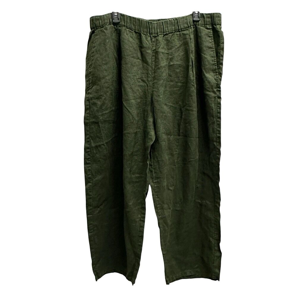 Eileen Fisher 100% Organic Linen Elastic Waist Tapered Pants Pockets Olive XL